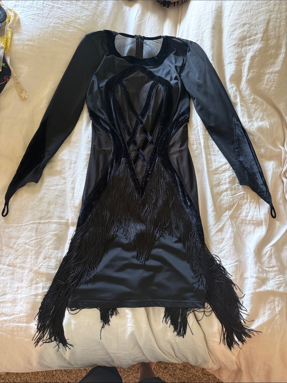 Black Latin Dance Dress Fringe Velvet Mesh Built-In Bodysuit Ballroom Costume- S